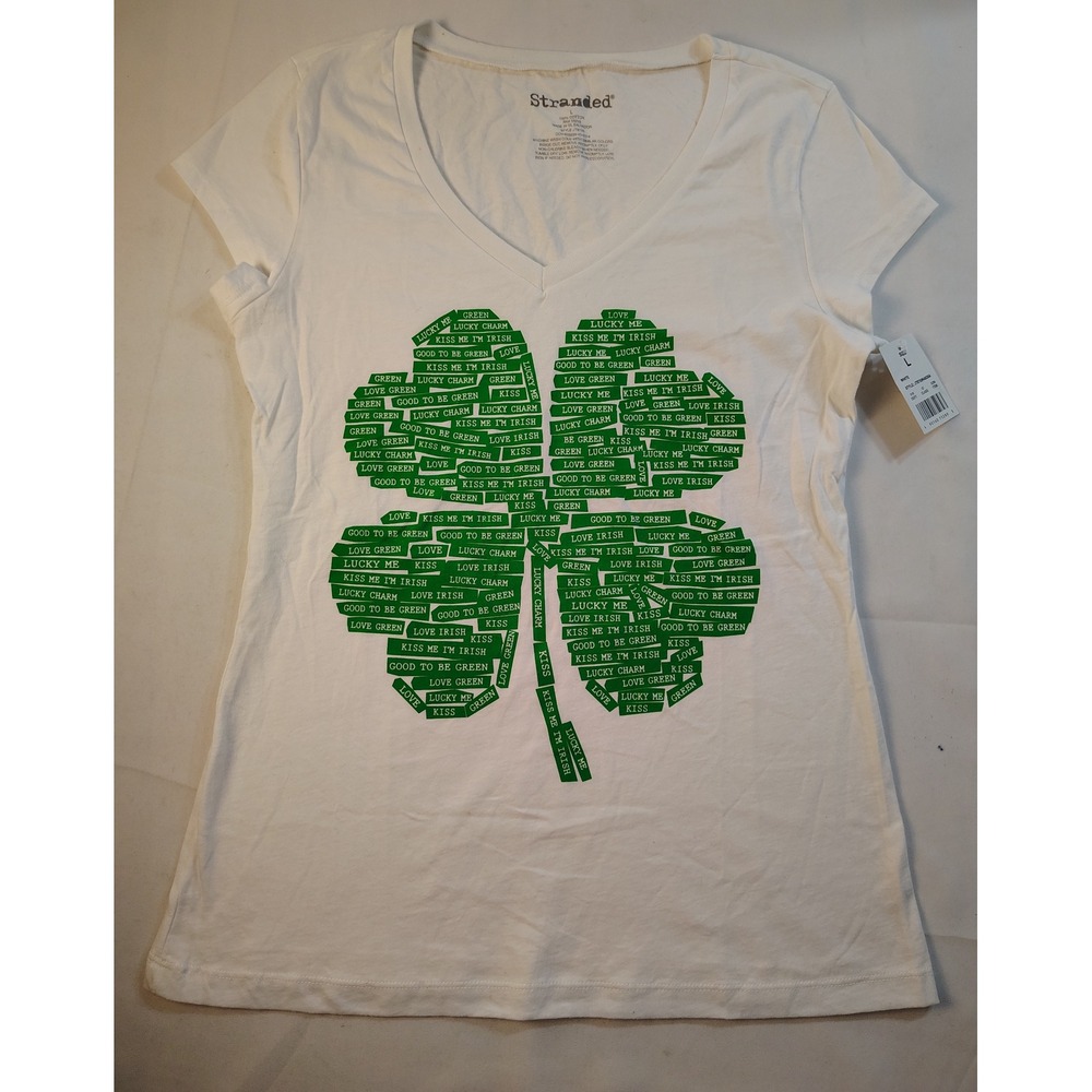 Stranded Womens St Patricks Day‎ Shamrock White V-Neck Graphic T-Shirt Large NWT